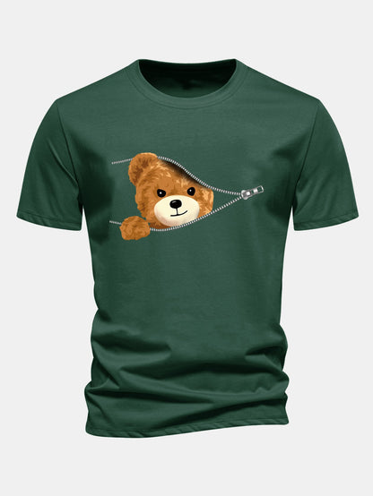 Regular Fit Zipper Bear Print Cotton T-Shirt