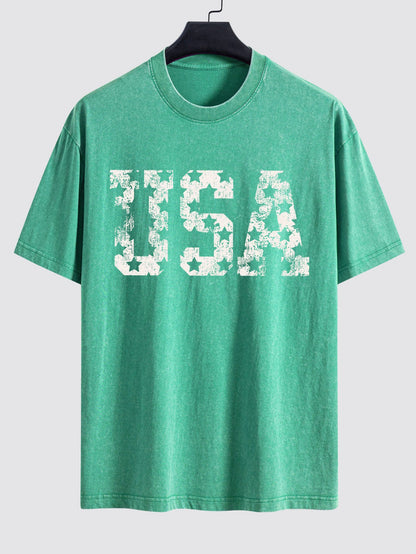 USA Print Washed Distressed Drop Shoulder T-Shirt