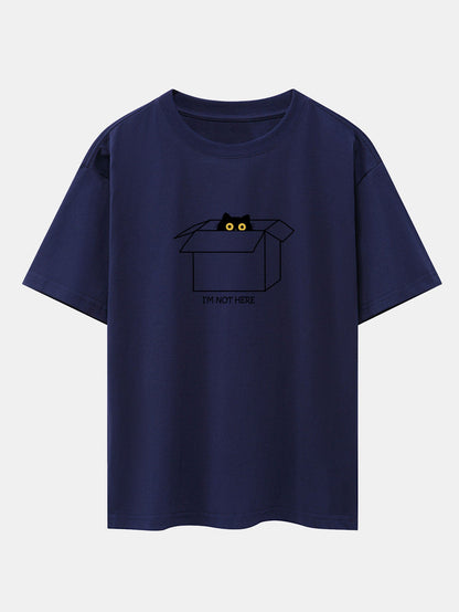 Black Cat Peeking Through Cardboard Print Drop Shoulder Oversize T-Shirt
