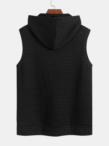Waffle Sleeveless Hooded T-Shirt With Kangaroo Pocket