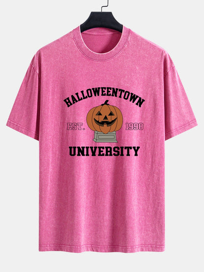 Halloween Pumpkin Town Print Washed Distressed Drop Shoulder T-Shirt