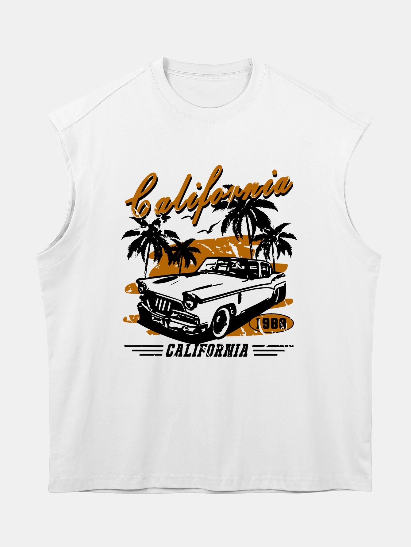 Relax Fit California Car Print Cotton Drop Shoulder Sleeveless T-Shirt