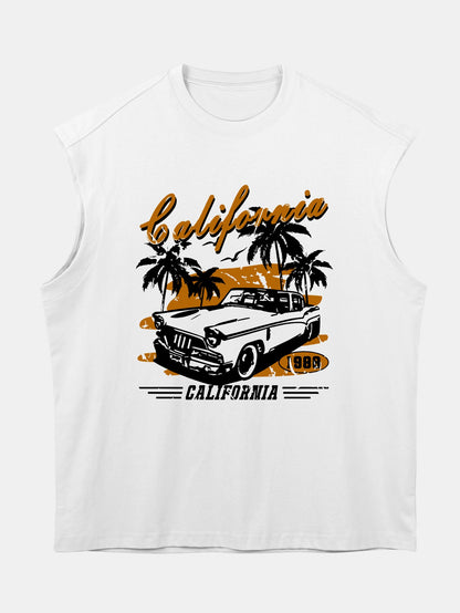 Relax Fit California Car Print Cotton Drop Shoulder Sleeveless T-Shirt