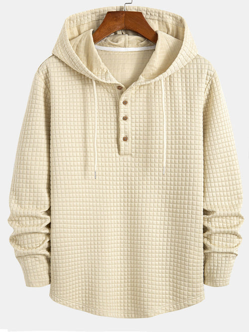 Long Sleeve Waffle Half Button Placket Arc Hem Hooded T-shirt