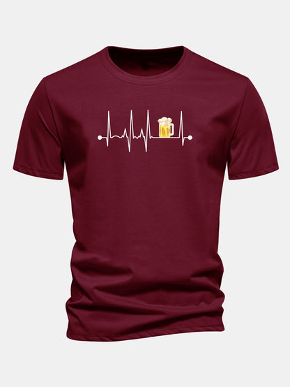 Regular Fit Beer Heartbeat Print Cotton T-Shirt