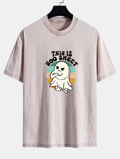 Ghost Slogan Print Washed Distressed Drop Shoulder T-Shirt