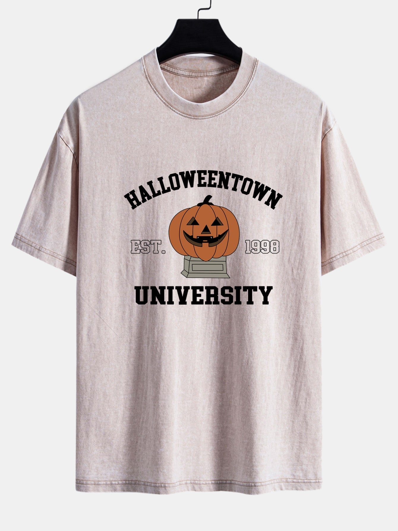 Halloween Pumpkin Town Print Washed Distressed Drop Shoulder T-Shirt
