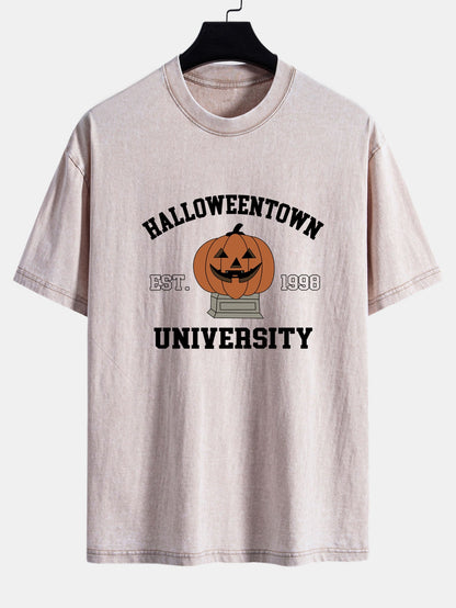Halloween Pumpkin Town Print Washed Distressed Drop Shoulder T-Shirt