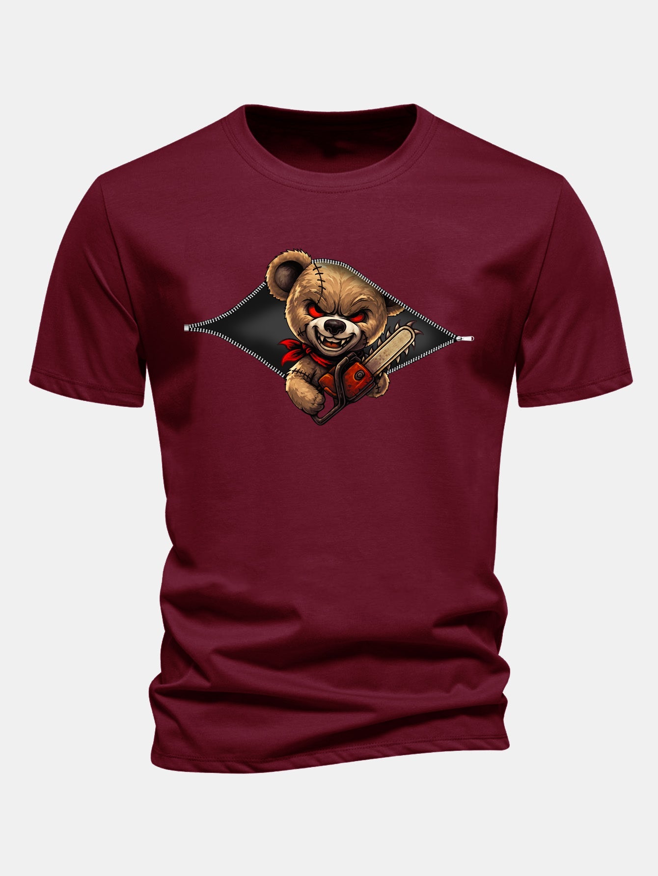Regular Fit Halloween Zipper Evil Bear Print Cotton T-Shirt