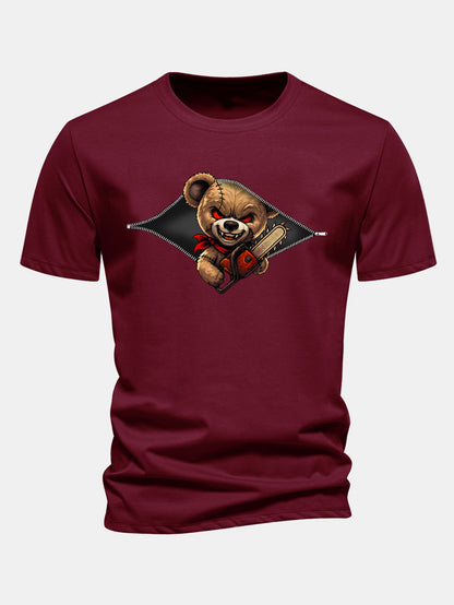 Regular Fit Halloween Zipper Evil Bear Print Cotton T-Shirt