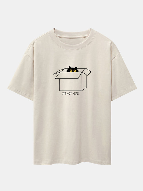Black Cat Peeking Through Cardboard Print Drop Shoulder Oversize T-Shirt