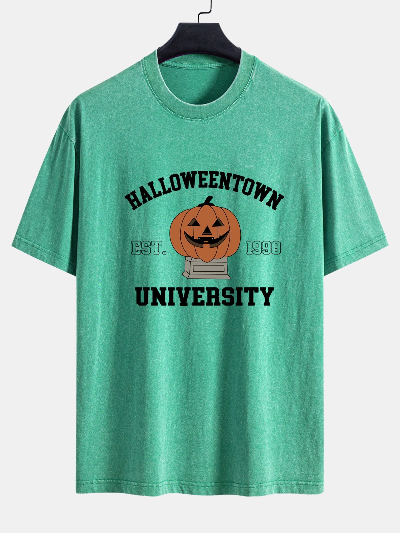 Halloween Pumpkin Town Print Washed Distressed Drop Shoulder T-Shirt