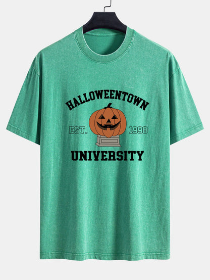 Halloween Pumpkin Town Print Washed Distressed Drop Shoulder T-Shirt