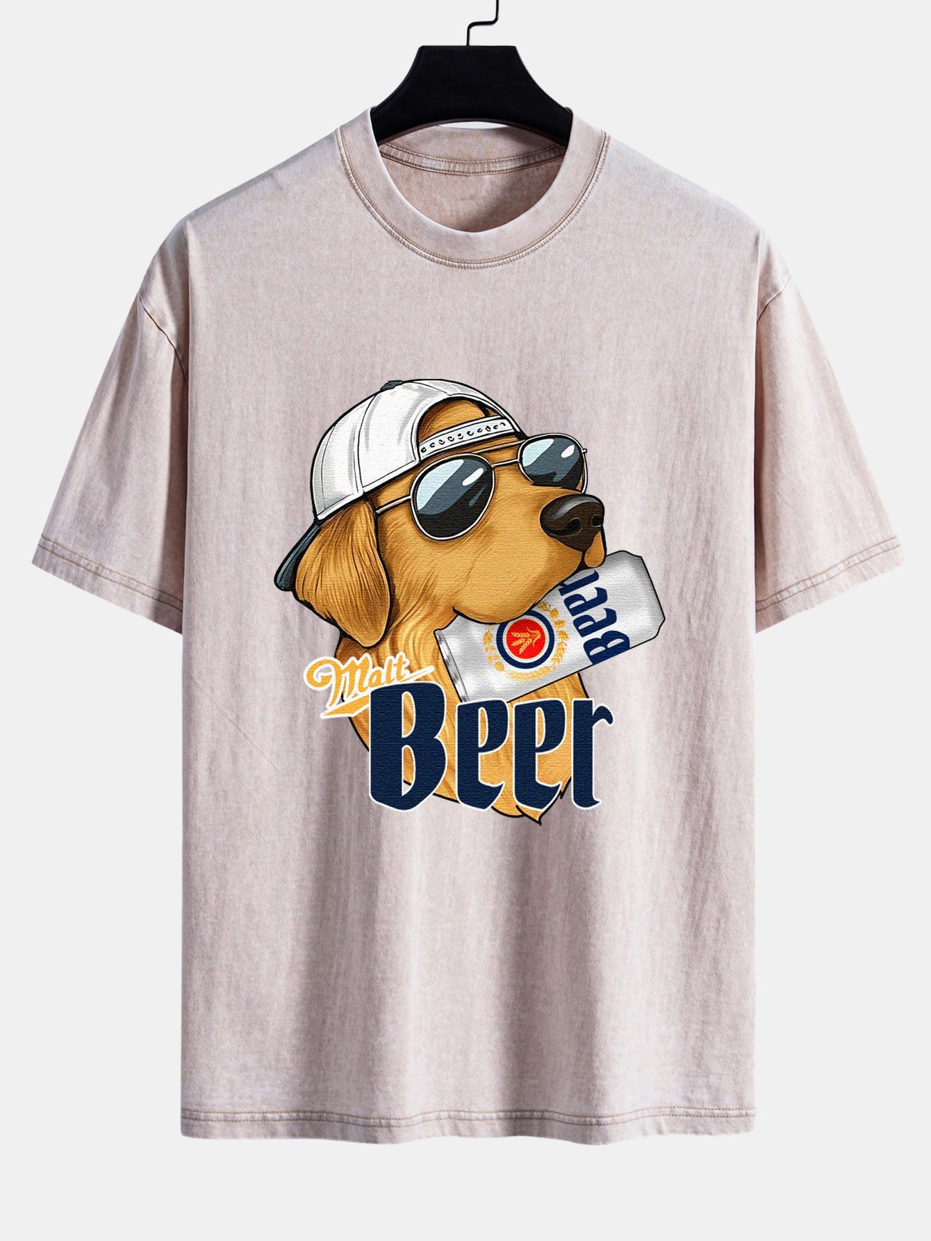 Beer Dog Print Washed Distressed Drop Shoulder T-Shirt