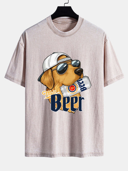 Beer Dog Print Washed Distressed Drop Shoulder T-Shirt