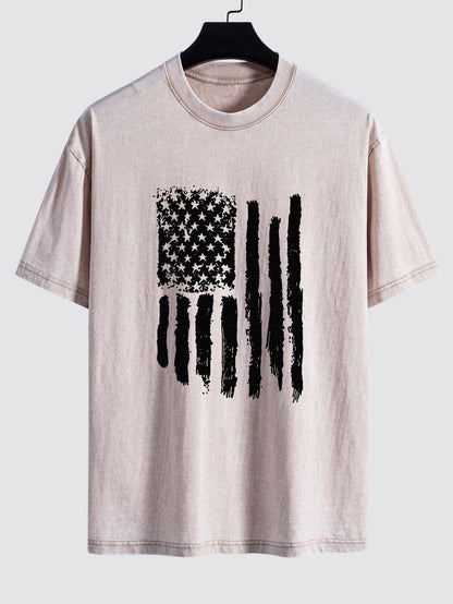 American Flag Print Washed Distressed Drop Shoulder T-Shirt