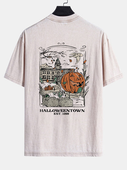 Halloween Pumpkin Town Print Washed Distressed Drop Shoulder T-Shirt