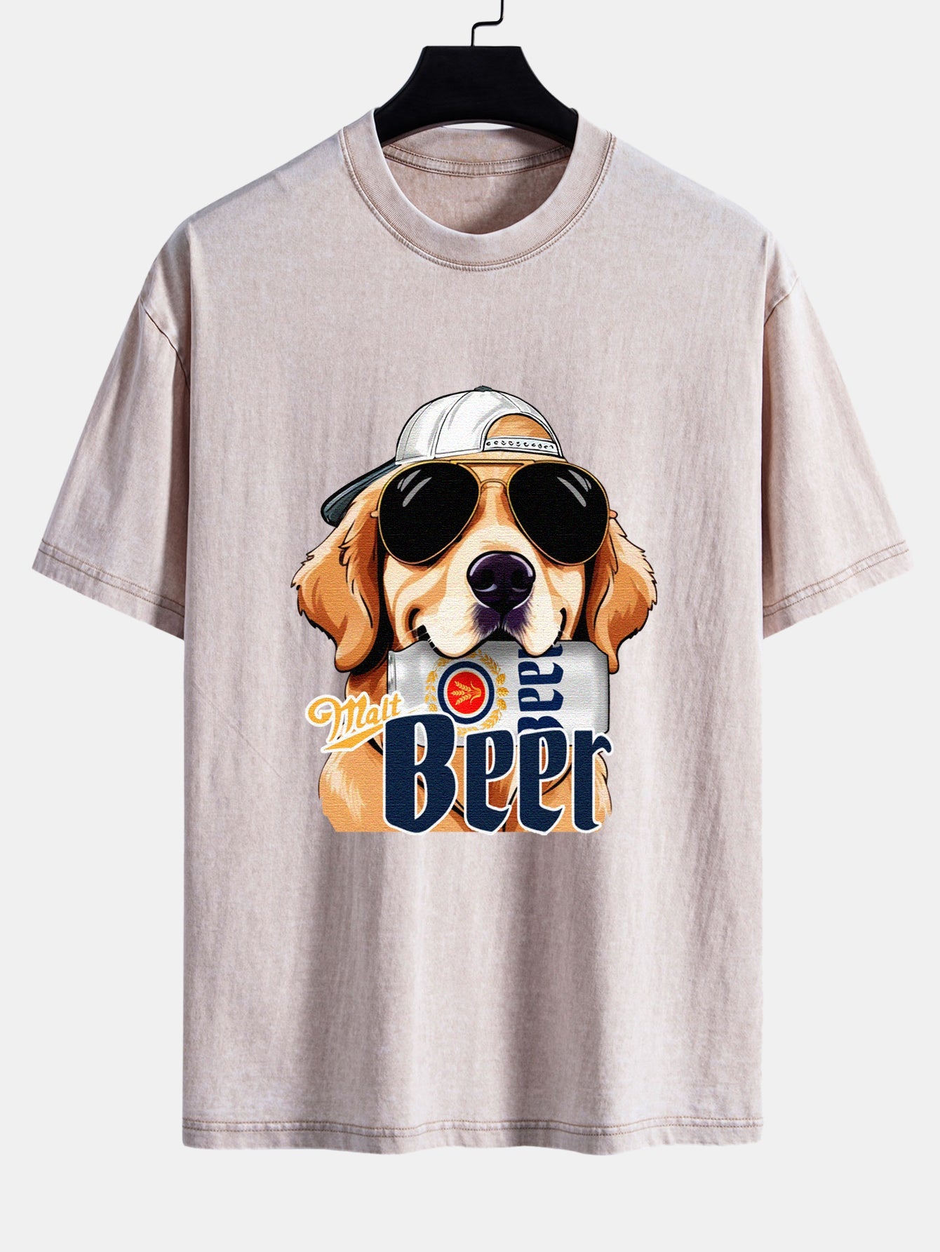 Beer Dog Print Washed Distressed Drop Shoulder T-Shirt