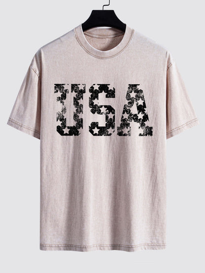 USA Print Washed Distressed Drop Shoulder T-Shirt