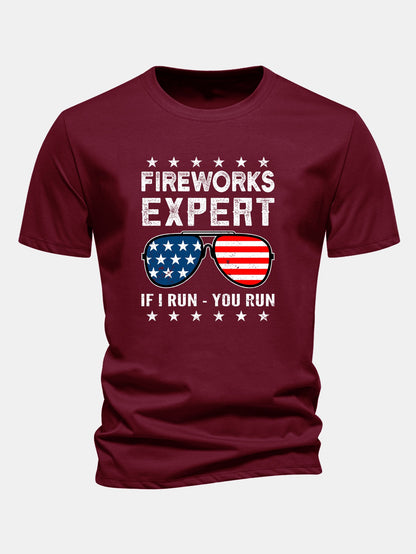 Regular Fit American Flag Sunglasses Print Cotton T-Shirt