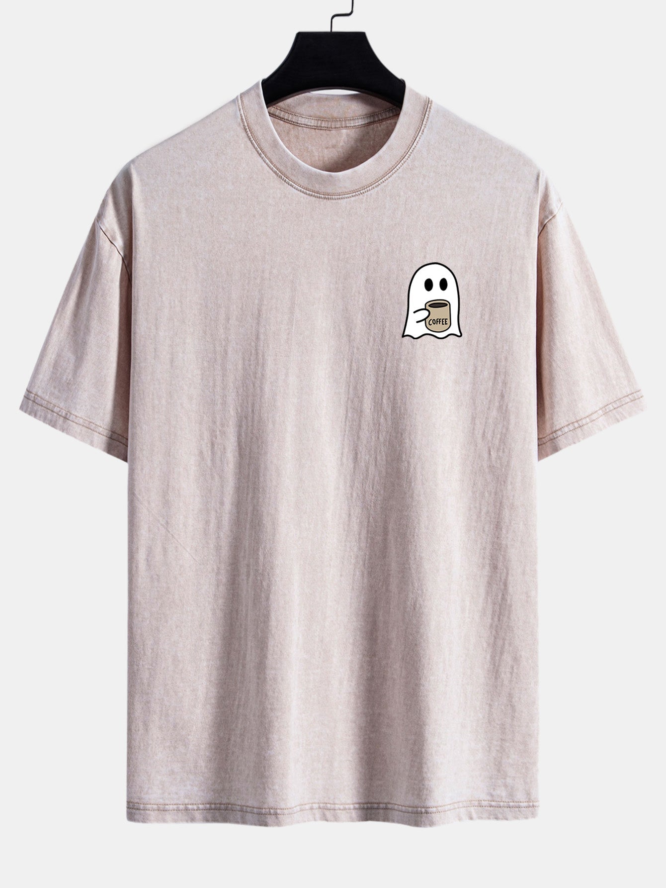 Ghost Drinking Coffee Print Washed Distressed Drop Shoulder T-Shirt