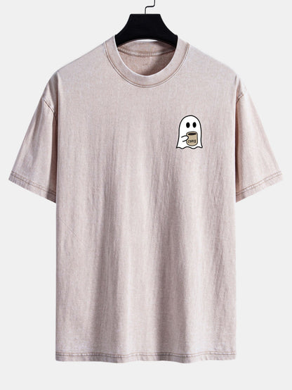 Ghost Drinking Coffee Print Washed Distressed Drop Shoulder T-Shirt