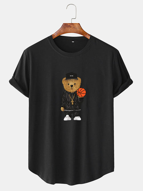 Basketball Bear Print Arc Hem T-Shirt