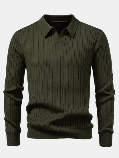 Long Sleeve Ribbed Knit Johnny Collar Polo Shirt