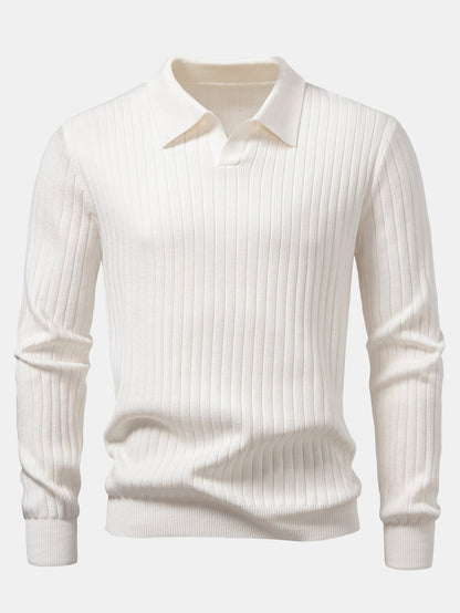 Long Sleeve Ribbed Knit Johnny Collar Polo Shirt