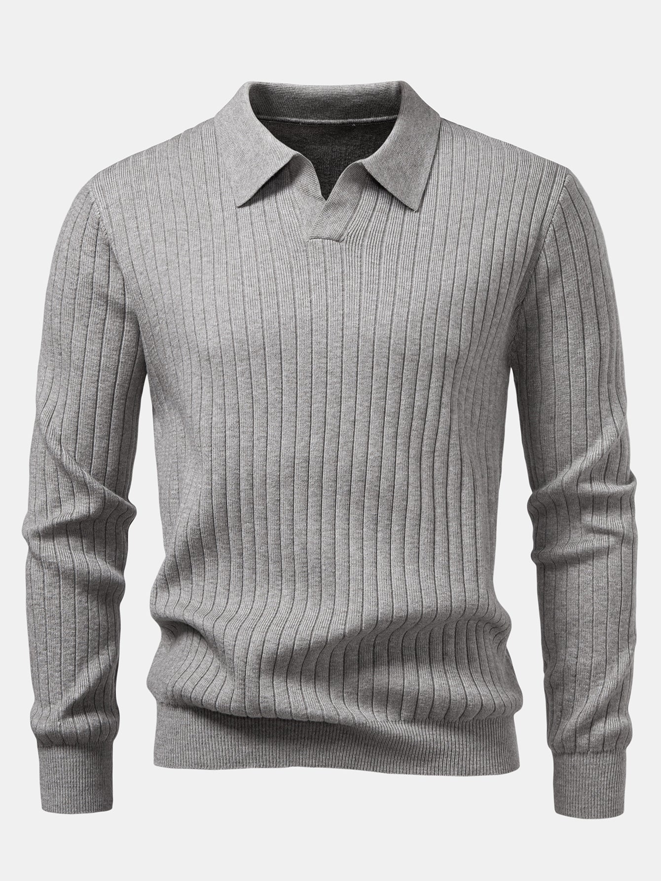 Long Sleeve Ribbed Knit Johnny Collar Polo Shirt