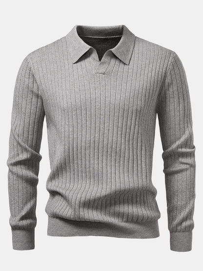 Long Sleeve Ribbed Knit Johnny Collar Polo Shirt