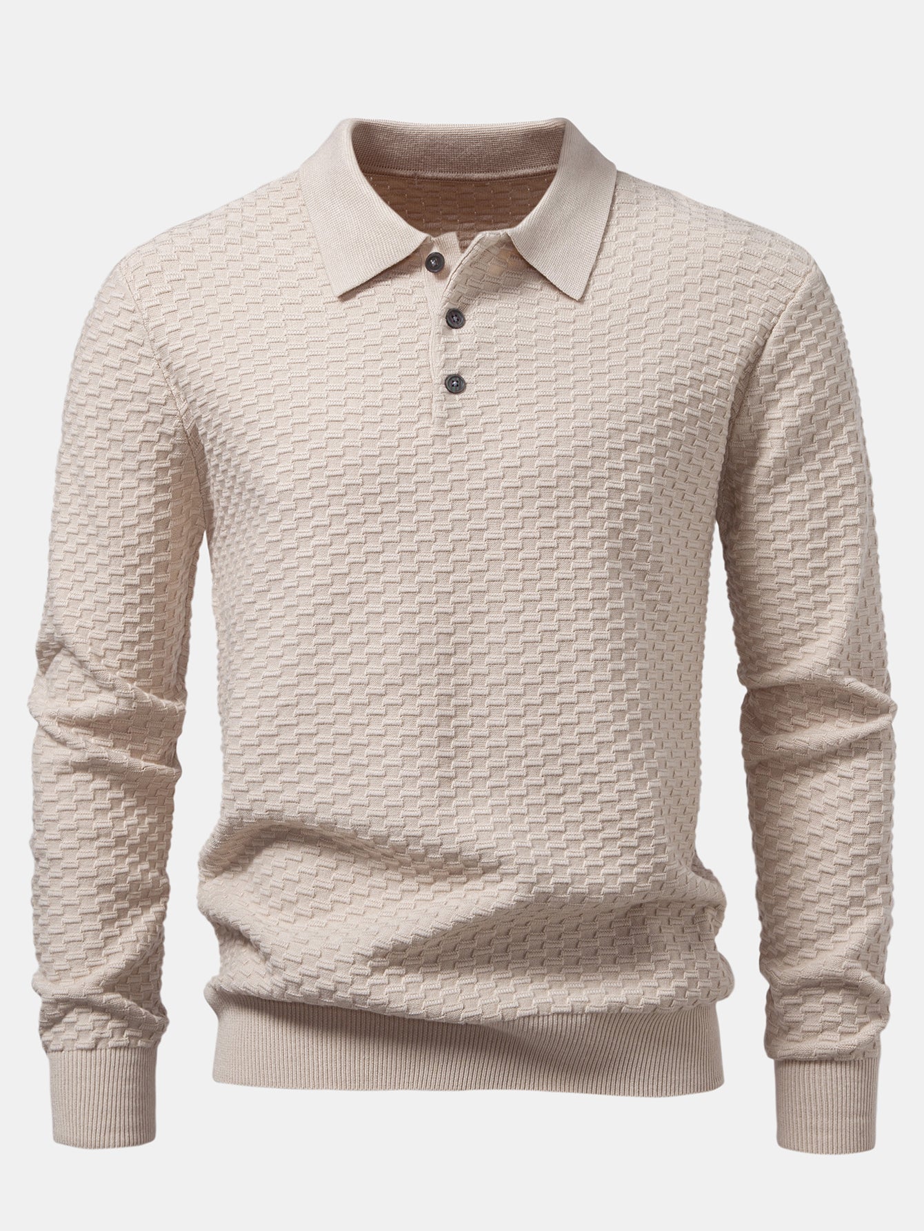 Long Sleeve Textured Knit  Polo Shirt