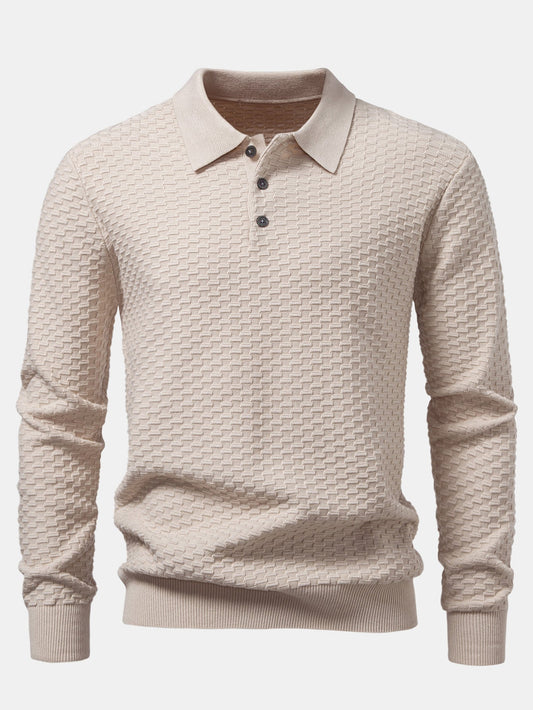 Long Sleeve Textured Knit  Polo Shirt