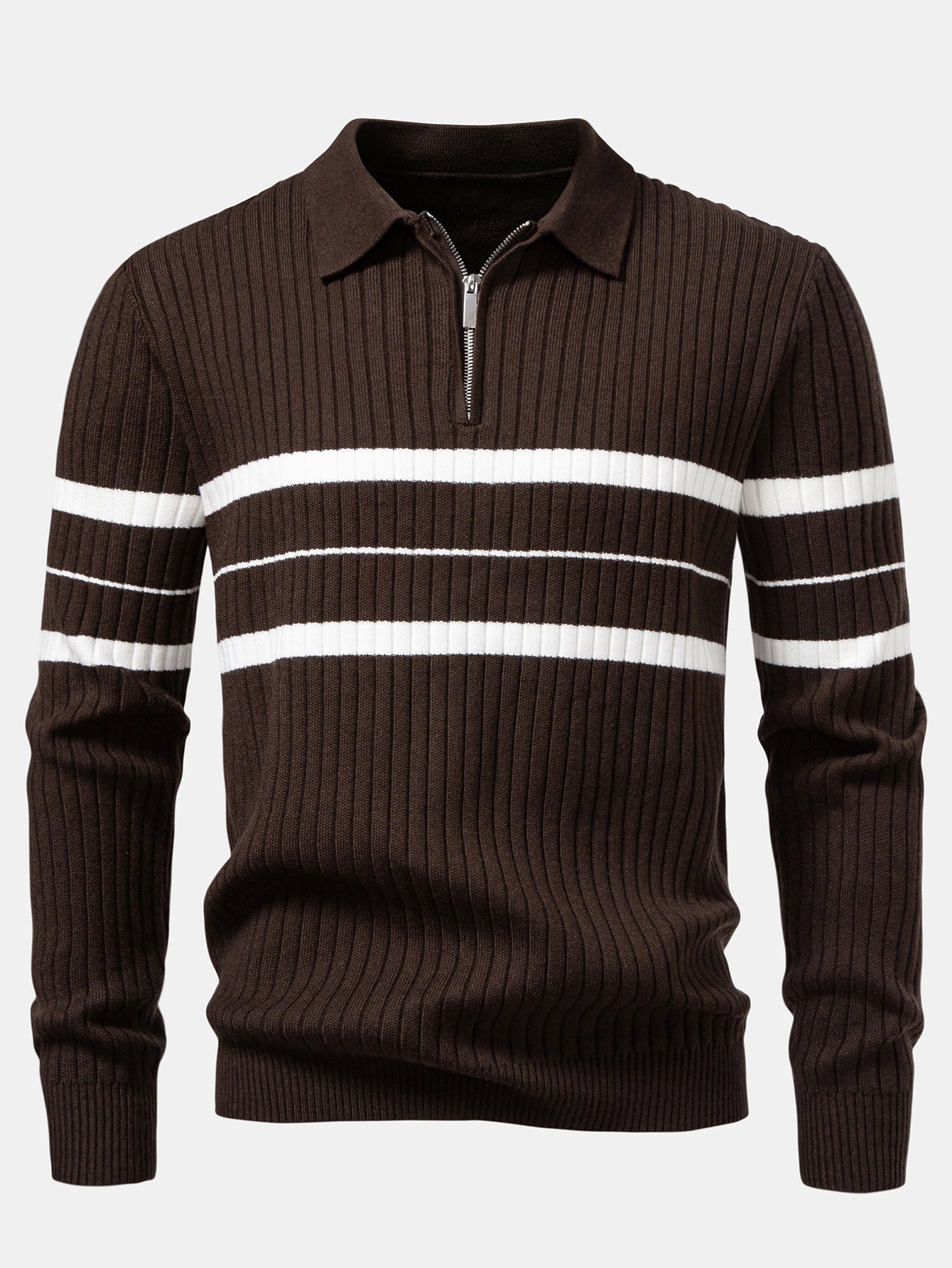 Stripe Zip Knit Ribbed Polo Shirt