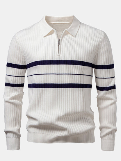 Stripe Zip Knit Ribbed Polo Shirt