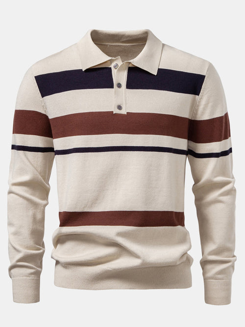 Long Sleeve Stripe Knit Polo Shirt