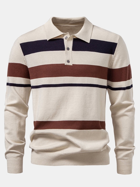 Long Sleeve Stripe Knit Polo Shirt