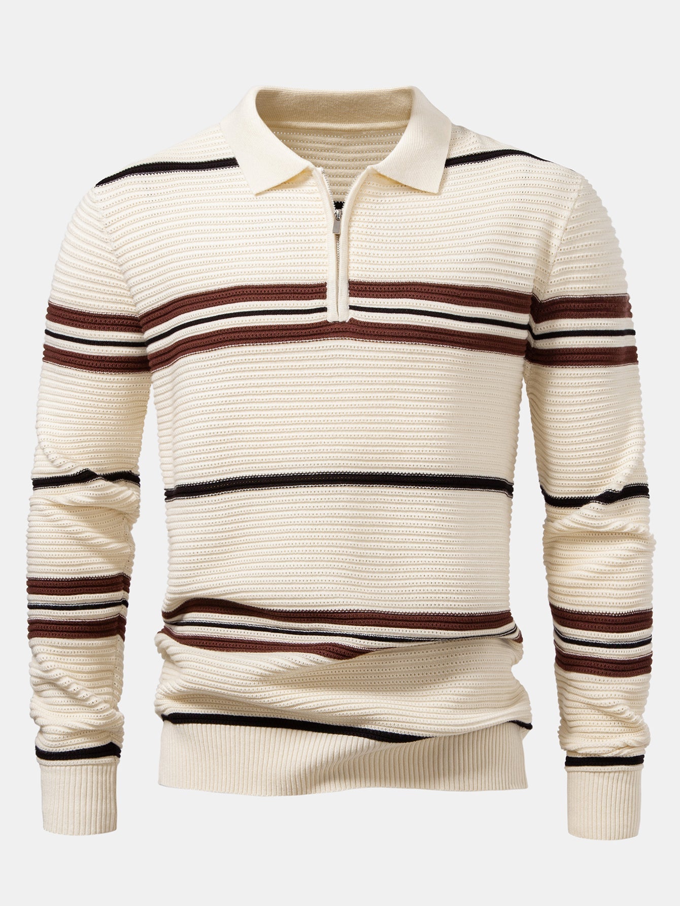 Striped Textured Zip Knit Polo Shirt