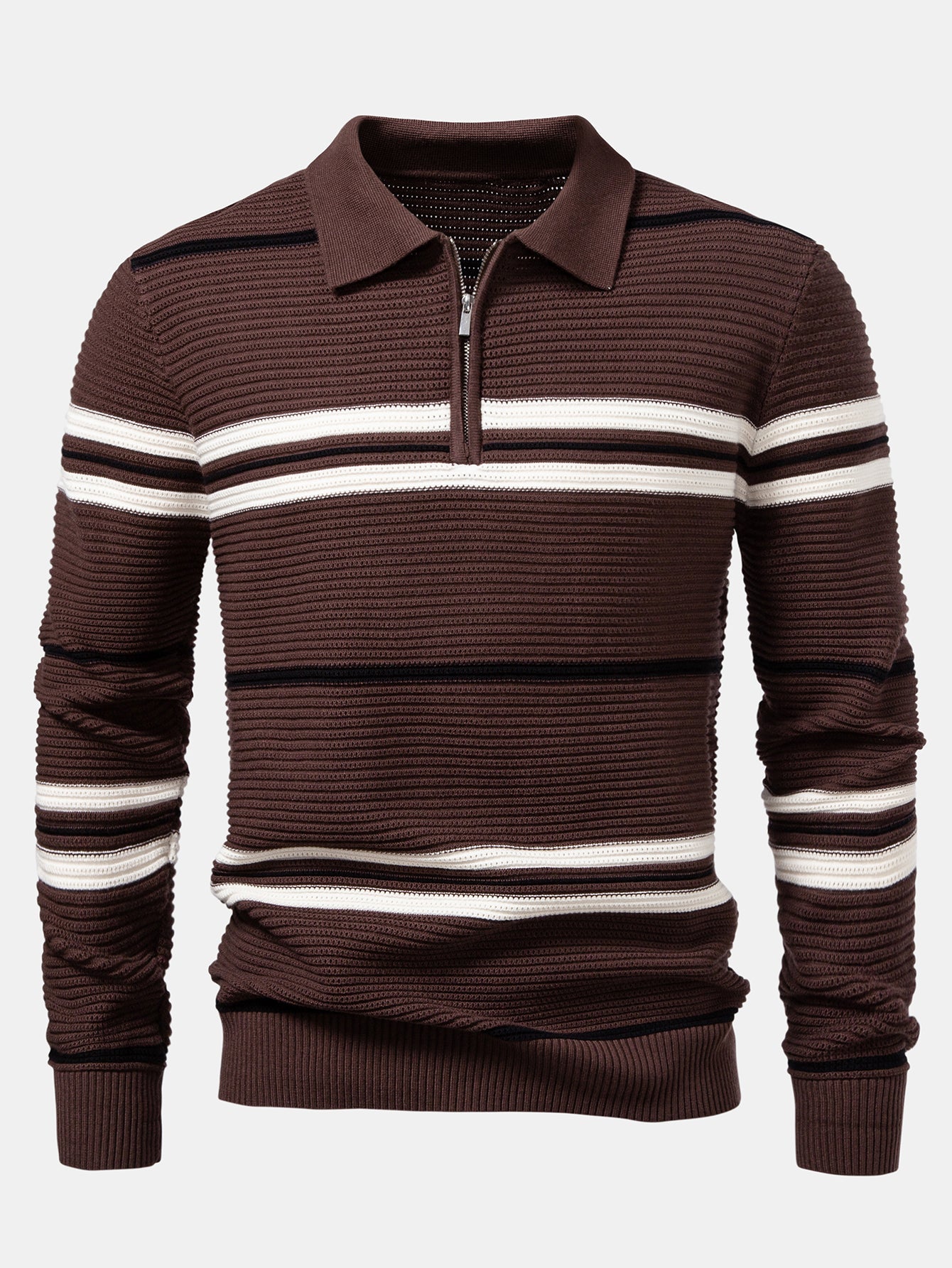 Striped Textured Zip Knit Polo Shirt