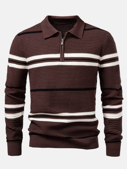 Striped Textured Zip Knit Polo Shirt