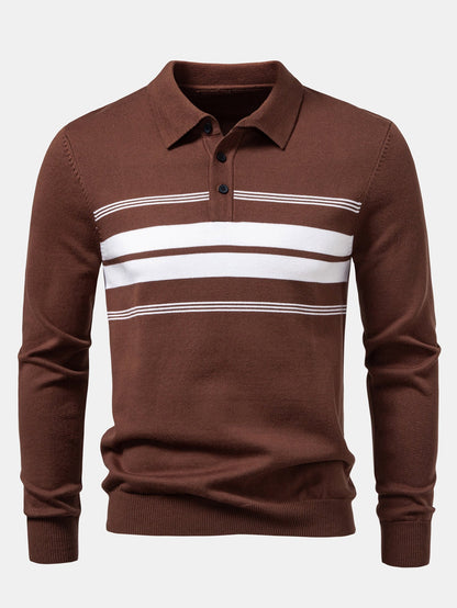 Long Sleeve Stripe Knit Polo Shirt