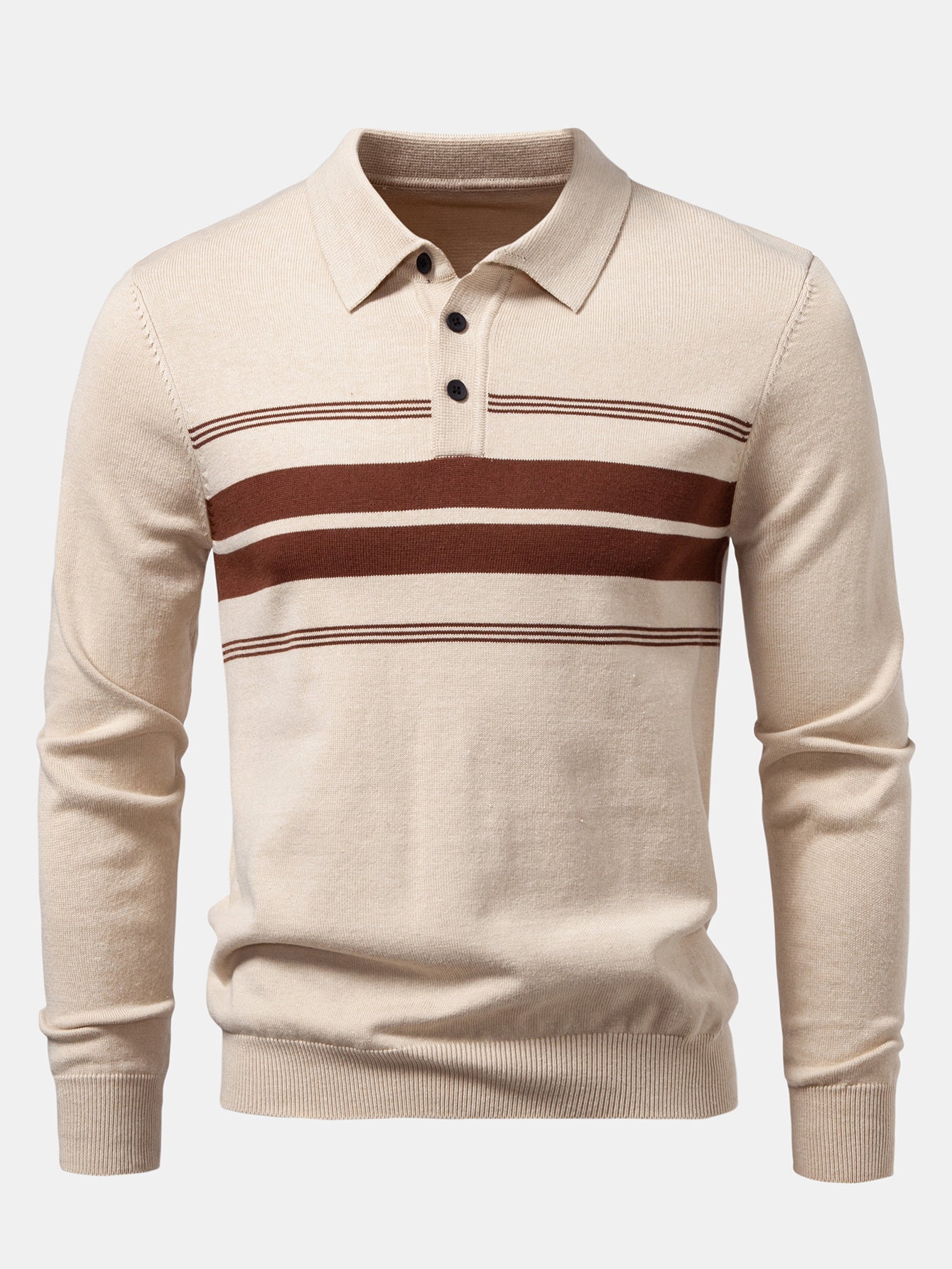 Long Sleeve Stripe Knit Polo Shirt