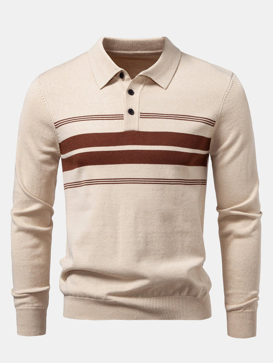 Long Sleeve Stripe Knit Polo Shirt