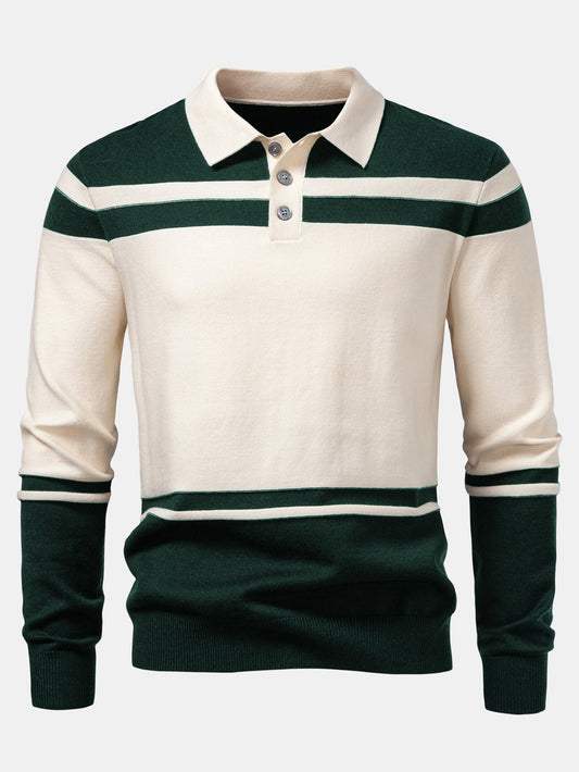 Long Sleeve Color Block Knit Polo Shirt