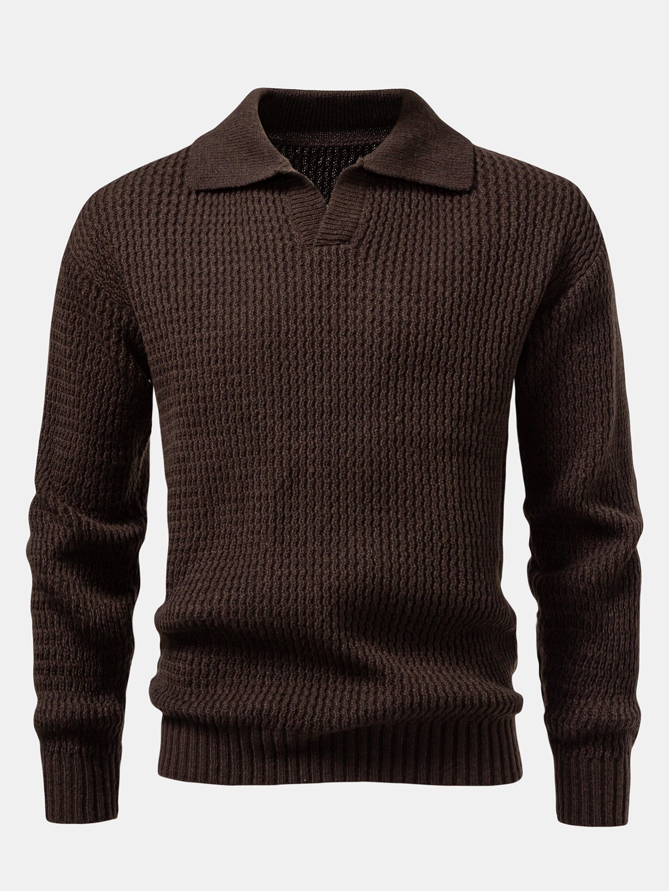 Long Sleeve Wave Jacquard Knit V Neck Polo Shirt