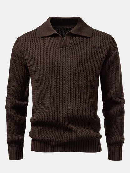 Long Sleeve Wave Jacquard Knit V Neck Polo Shirt