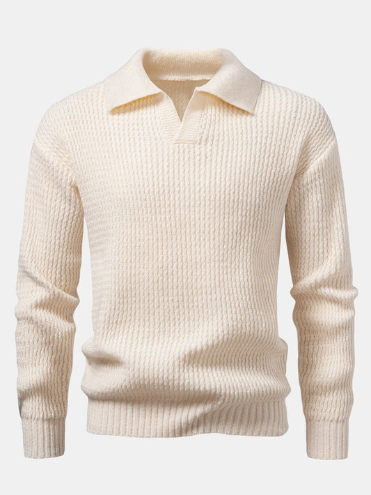 Long Sleeve Wave Jacquard Knit V Neck Polo Shirt