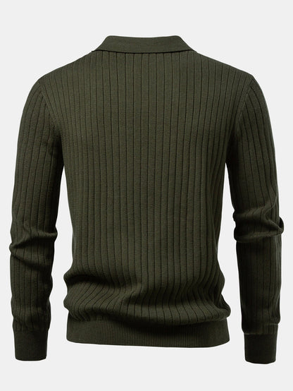 Long Sleeve Ribbed Knit Johnny Collar Polo Shirt
