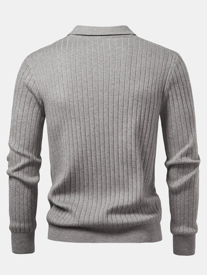Long Sleeve Ribbed Knit Johnny Collar Polo Shirt