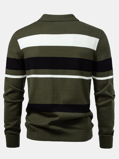 Long Sleeve Stripe Knit Polo Shirt